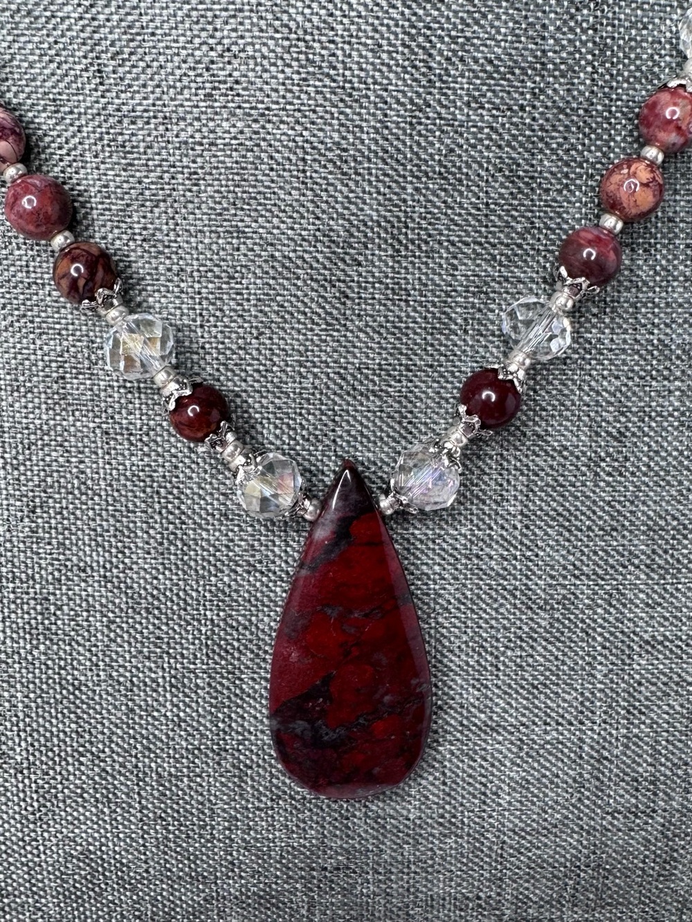 Red Brecciated Jasper Pendant, Porcelain Jasper Beads & Faceted Crystal Necklace - Picture 6 of 7